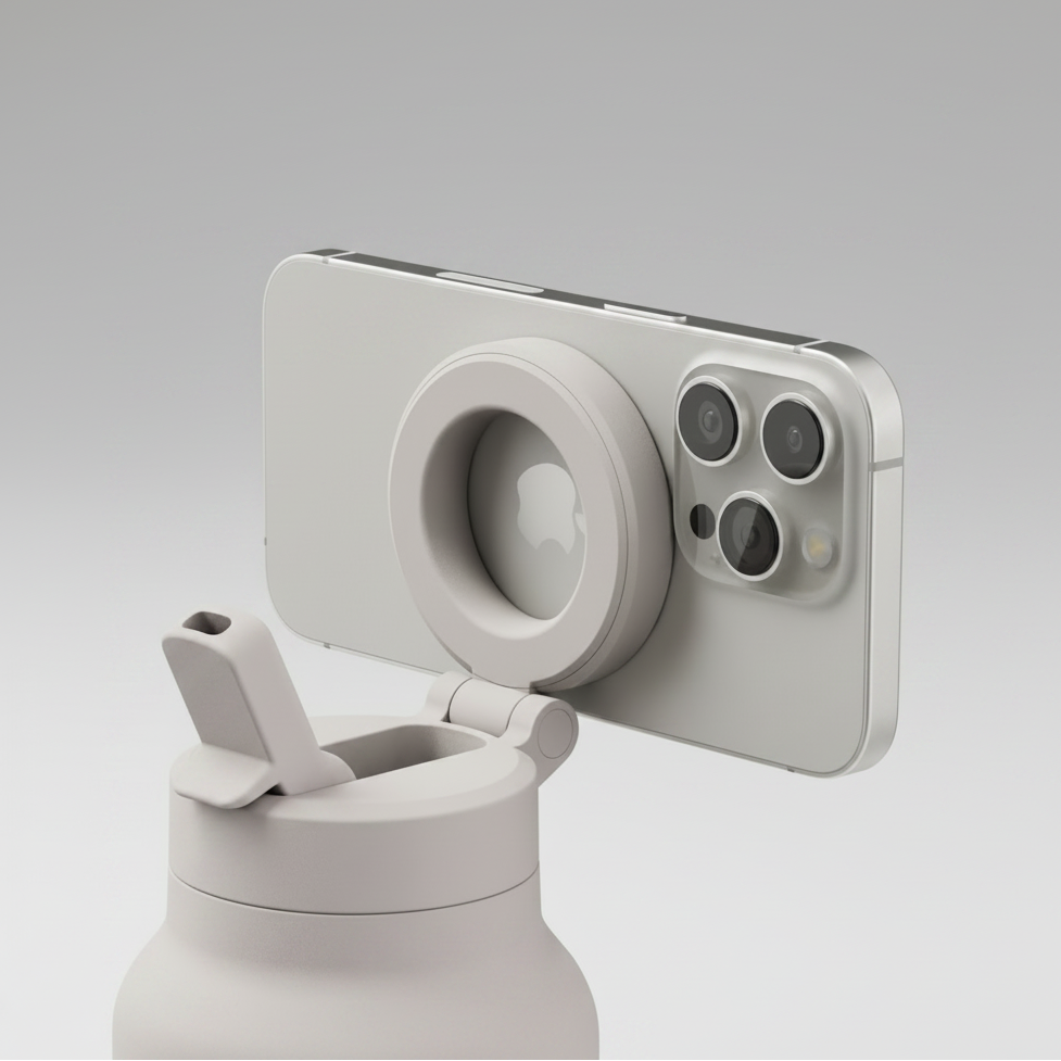 White smartphone with a white case attached to a white cup on a white background