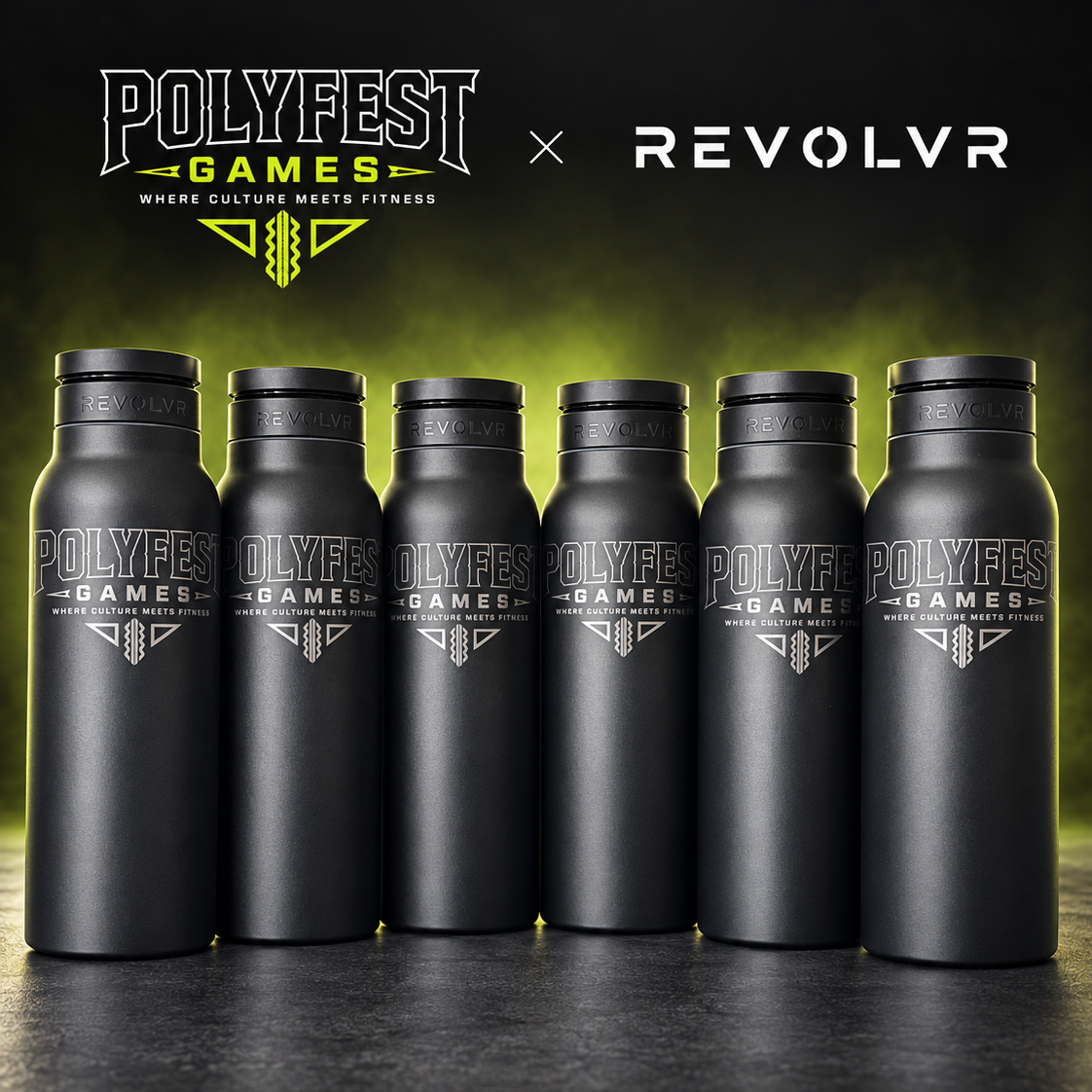 Six matte black PolyFest Games x Revolvr insulated bottles lined up on a dark surface against a black background with green glow and white branding text at the top.