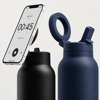 HALO PRO with a phone on the magnetic lid showing a workout timer